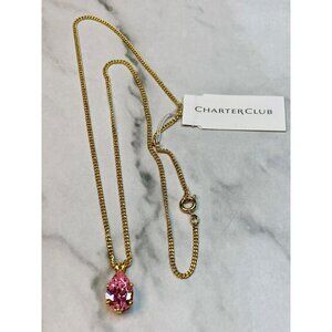 Charter Club Gold-Tone Chain Necklace Pink Crystal Pendant-305